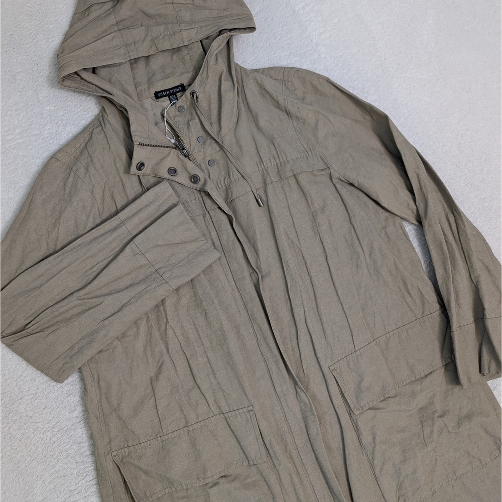 NEW EILEEN FISHER Jacket SM Organic STRETCH Metallic Hood Full Zip Snap Beige